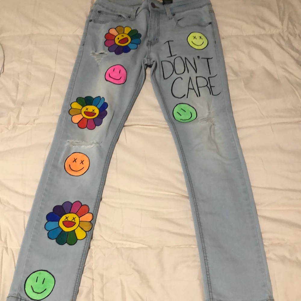 Hand painted Takashi Murakami skinny jeans